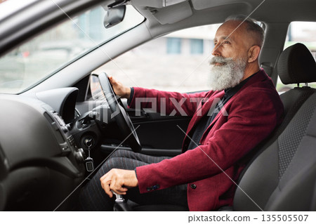 Bearded aged businessman in stylish suit driving luxury car, going to office for business meeting, side view, copy space. Handsome elderly man sitting inside new car, traveling alone Bearded aged businessman in stylish suit driving luxury car, going to office for business meeting, side view, copy space. Handsome elderly man sitting inside new car, traveling alone 135505507