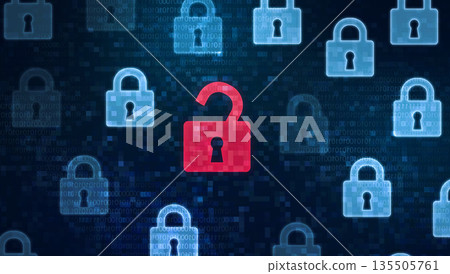 Security breach concept. Red open padlock icon among closed padlocks on digital screen as a symbol of unsecured data under cyber attack, panorama 135505761