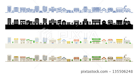 Cute townscape illustration material | Houses and buildings lined up | Line drawing vector material 135506248