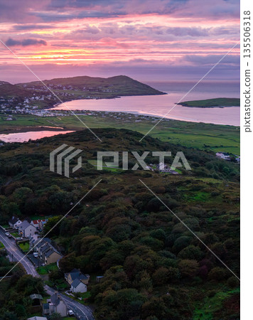 Aerial view of beautiful sunset at Portnoo seen from Clooney in County Donegal - Ireland 135506318