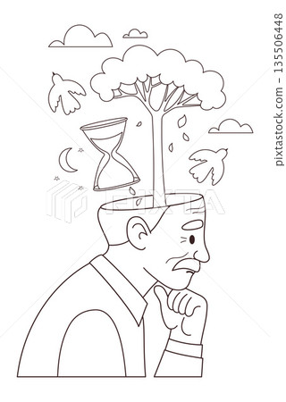 Mental Health. Outline Calm Thoughtful Senior Man Thinking About Life Journey and Time. Coloring Page Concept Elderly Memory, Aging and Legacy with Hourglass, Bird and Tree. Vector Illustration Not AI 135506448