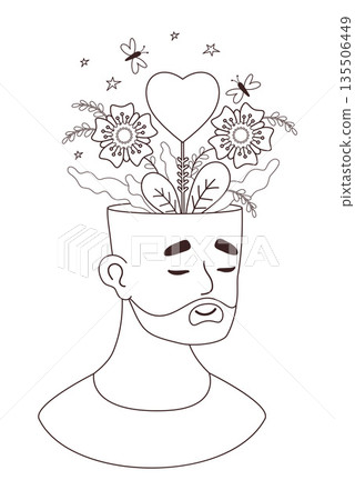 Men Mental Health. Coloring Page Bearded Man with Blooming Garden Flowers Heart and Butterflies. Line Art for Mindfulness Therapy and Stress Relief Activity. Outline Vector Illustration Not AI Men Mental Health. Coloring Page Bearded Man with Blooming Garden Flowers Heart and Butterflies. Line Art for Mindfulness Therapy and Stress Relief Activity. Outline Vector Illustration Not AI 135506449