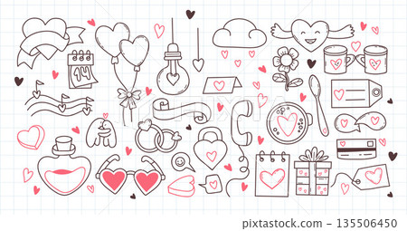 Outline Love Symbol Doodle Set. Isolated Valentines Day Design Kit and Coloring Hand Drawn Elements Collection on checkered notebook background. Vector Illustration. Not AI 135506450