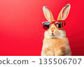Rabbit in red sunglasses against red background 135506707