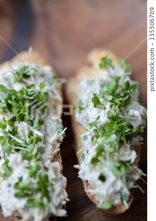 Tuna and Broccoli Sprout Tartine Baguette Open Sandwich 135506709