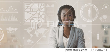 Personal security concept. Data of African American businesswoman, double exposure of office with info on virtual display, blank space. Panorama Personal security concept. Data of African American businesswoman, double exposure of office with info on virtual display, blank space. Panorama 135506731