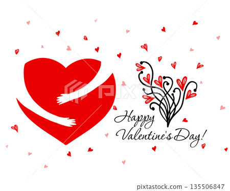 Happy Valentine's Day. Hands hug the heart. Hand drawn. Not AI, vector illustration. Happy Valentine's Day. Hands hug the heart. Hand drawn. Not AI, vector illustration. 135506847