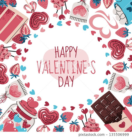 Round frame template with sweets, cake, chocolate, strawberry, candy and hearts. Valentine's day, wedding, anniversary, love party. Sweet romance. For sticker, label, invitation, packaging, postcard Round frame template with sweets, cake, chocolate, strawberry, candy and hearts. Valentine's day, wedding, anniversary, love party. Sweet romance. For sticker, label, invitation, packaging, postcard 135506999