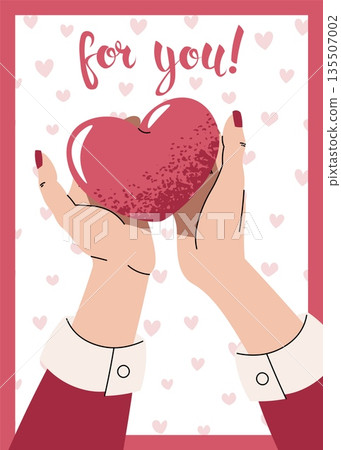 Valentines Card with Hands Holding a Heart in Flat Style. Perfect for Banners, Posters, Social Media Graphics, Stickers, Gift Wrap and Romantic Prints. 135507002