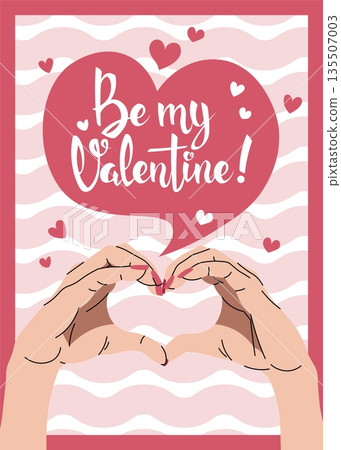 Greeting Card with Hands Making a Heart Shape Gesture in Flat Style. Perfect for Banners, Posters, Social Media Covers, Stickers, Prints and Valentines Day Design. Greeting Card with Hands Making a Heart Shape Gesture in Flat Style. Perfect for Banners, Posters, Social Media Covers, Stickers, Prints and Valentines Day Design. 135507003