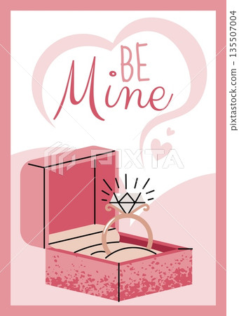 Greeting card template with engagement ring box and text in flat style. Wedding proposal, Valentine's day, anniversary, marriage. Romantic commitment concept. For invitation, banner, poster, flyer Greeting card template with engagement ring box and text in flat style. Wedding proposal, Valentine's day, anniversary, marriage. Romantic commitment concept. For invitation, banner, poster, flyer 135507004