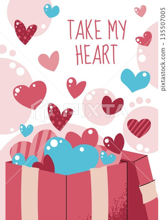 Greeting card template with gift box and flying hearts, flat style. Valentine's day, birthday, anniversary, surprise party. Joyful gift concept. For media story, invitation, poster, banner, flyer Greeting card template with gift box and flying hearts, flat style. Valentine's day, birthday, anniversary, surprise party. Joyful gift concept. For media story, invitation, poster, banner, flyer 135507005