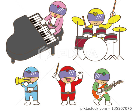 Set of hero characters playing musical instruments: piano, drums, guitar, trumpet, conductor 135507070