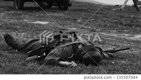 Historical Re-enactment Black And White . Re-enactor Dressed As Historical Re-enactment Black And White . Re-enactor Dressed As 135507084