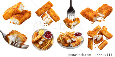 Set of fish fingers sticks, golden brown fried crispy battered crust with flaky fish fillet meat, french fries sauce dip, fork, stack broken bitten pile pieces, transparent cutout PNG. Mockup template 135507111