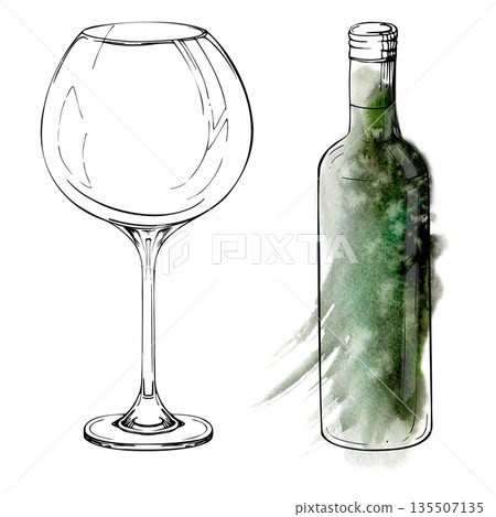Tall long-neck wine bottle and balloon snifter glass hand drawn in ink and watercolor wash. Silhouette isolated for boutique winery branding, menus, tasting events, packaging and gourmet themes. Tall long-neck wine bottle and balloon snifter glass hand drawn in ink and watercolor wash. Silhouette isolated for boutique winery branding, menus, tasting events, packaging and gourmet themes. 135507135