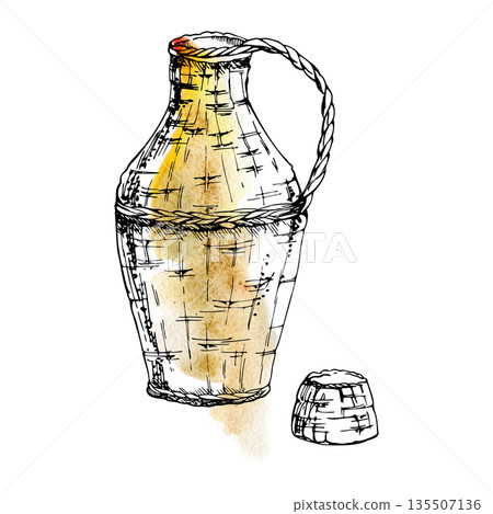 Traditional Italian carafe wine bottle wrapped in wicker hand drawn in ink and watercolor. Rustic illustration isolated for vineyard branding, menus, travel themes, Tuscany design, gourmet packaging. Traditional Italian carafe wine bottle wrapped in wicker hand drawn in ink and watercolor. Rustic illustration isolated for vineyard branding, menus, travel themes, Tuscany design, gourmet packaging. 135507136