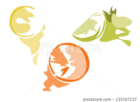 Abstract citrus-green, lemon and orange circular motifs with outward paint splashes. Vector composition for eco packaging, organic beverage branding, or lively design accents in editorial layouts. Abstract citrus-green, lemon and orange circular motifs with outward paint splashes. Vector composition for eco packaging, organic beverage branding, or lively design accents in editorial layouts. 135507137