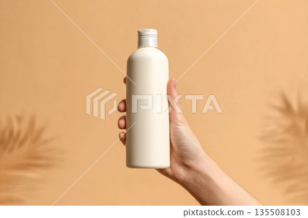 Hand holding white bottle of shampoo or hair conditioner on beige background, copy space Hand holding white bottle of shampoo or hair conditioner on beige background, copy space 135508103