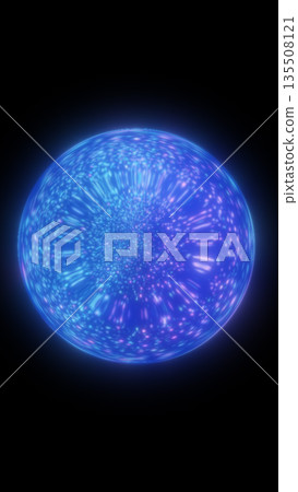 Glowing blue digital sphere formed by flowing particles, symbolizing data energy, technology, and futuristic intelligence 135508121