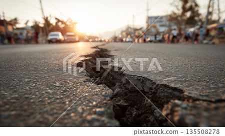 Cracked asphalt road due to earthquake with sunset lighting and blurred background activity 135508278