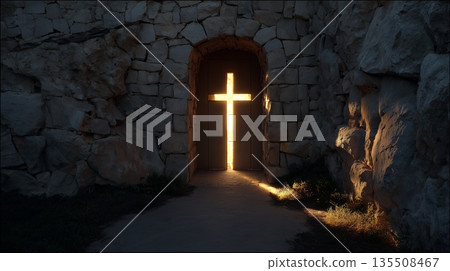Illuminated cross at the entrance of a stone cave, symbolizing hope and spirituality 135508467