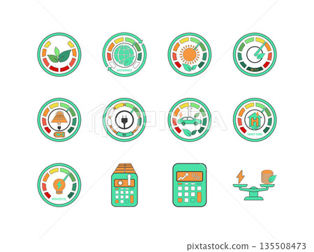 Vector Eco Energy Efficiency Gauges and Sustainability Performance Icons 135508473