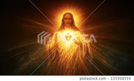 Radiant figure with glowing heart surrounded by divine light in a spiritual atmosphere 135508554