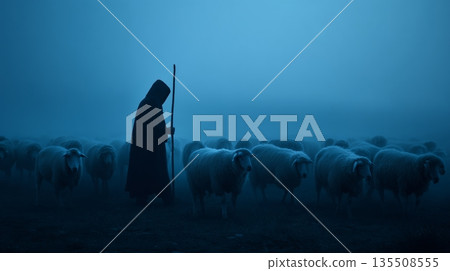 Mysterious figure in dark cloak guiding a flock of sheep through a foggy landscape at dusk 135508555