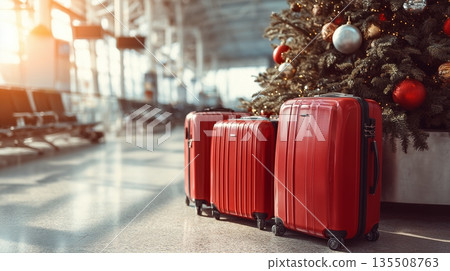 Bright red suitcases placed beside a festive tree in an airy airport terminal filled with soft sunlight during the holiday season 135508763