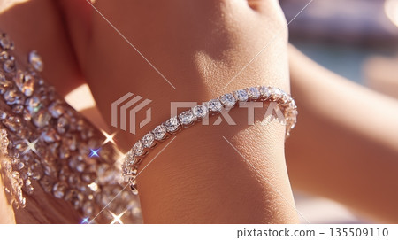 Elegant bracelet adorned with sparkling gemstones on a woman's wrist in a luxurious setting Elegant bracelet adorned with sparkling gemstones on a woman's wrist in a luxurious setting 135509110