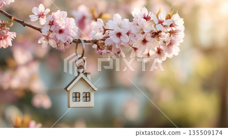 Wooden house keychain hanging from cherry blossom branch in soft spring sunlight Wooden house keychain hanging from cherry blossom branch in soft spring sunlight 135509174