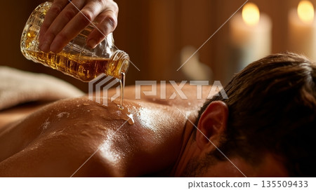 Male receiving relaxing massage with aromatic oil in tranquil spa environment with candles 135509433