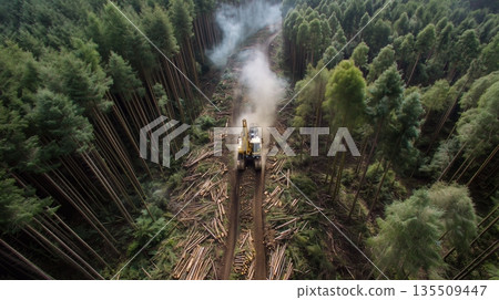 Heavy machinery clearing forest area with smoke and logs in a lush green landscape 135509447