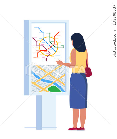 Passenger stands in front of metro transport city map Info board. Public underground city transport. Metro lines map. Urban traffic infrastructure, transportation. Vector illustration. 135509637