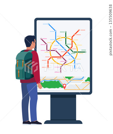 Passenger stands in front of metro transport city map Info board. Public underground city transport. Metro lines map. Urban traffic infrastructure, transportation. Vector illustration. Passenger stands in front of metro transport city map Info board. Public underground city transport. Metro lines map. Urban traffic infrastructure, transportation. Vector illustration. 135509638