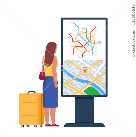 Passenger stands in front of metro transport city map Info board. Public underground city transport. Metro lines map. Urban traffic infrastructure, transportation. Vector illustration. 135509639