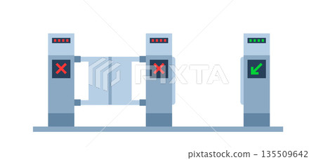 Turnstile. Subway station or airport security element. Entrance gates. Access control equipment. Vector illustration. 135509642