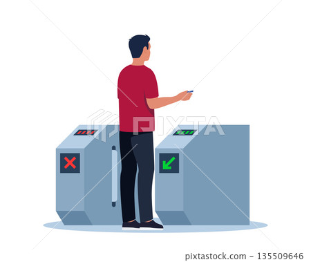 Turnstile entrance with passenger standing at closed tourniquet barrier to check payment for access. Human holding hand on automatic gate machine to pass through. Vector illustration Turnstile entrance with passenger standing at closed tourniquet barrier to check payment for access. Human holding hand on automatic gate machine to pass through. Vector illustration 135509646
