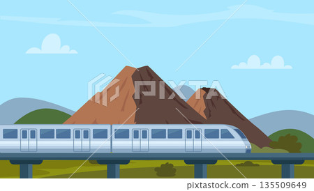 Beautiful landscape with a railway train on a bridge. Scene high-speed modern train rides on bridge among picturesque landscape. Vector illustration. 135509649