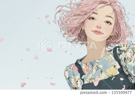艾米系列：一位微笑的年輕女子被櫻花花瓣環繞 | 春季宣傳插畫 135509977