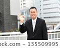 A middle-aged Asian businessman in a suit giving an OK sign with a building in the background 135509995