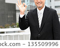A middle-aged Asian businessman in a suit giving an OK sign with a building in the background 135509996