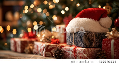 Christmas gift box adorned with Santa hat surrounded by festive decorations and lights 135510334