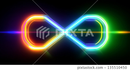 Colorful neon infinity symbol glowing against a dark background with vibrant light effects 135510450