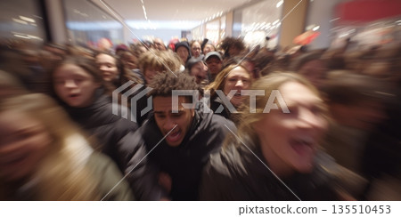Excited crowd celebrating discounts during a massive sale event at a shopping center 135510453