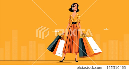 Shoppers enjoy discounts on a bright day in a vibrant city with colorful shopping bags 135510463