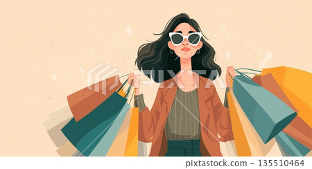 Enjoying a day of shopping with colorful bags during the summer sale season while wearing stylish sunglasses Enjoying a day of shopping with colorful bags during the summer sale season while wearing stylish sunglasses 135510464