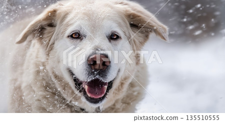 Happy golden retriever dog playing in snow, enjoying winter weather with joyful expression 135510555
