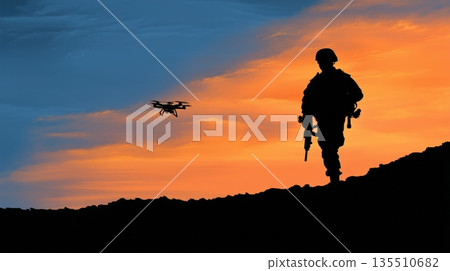 Silhouette of soldier with weapon observing drone against vibrant sunset sky 135510682